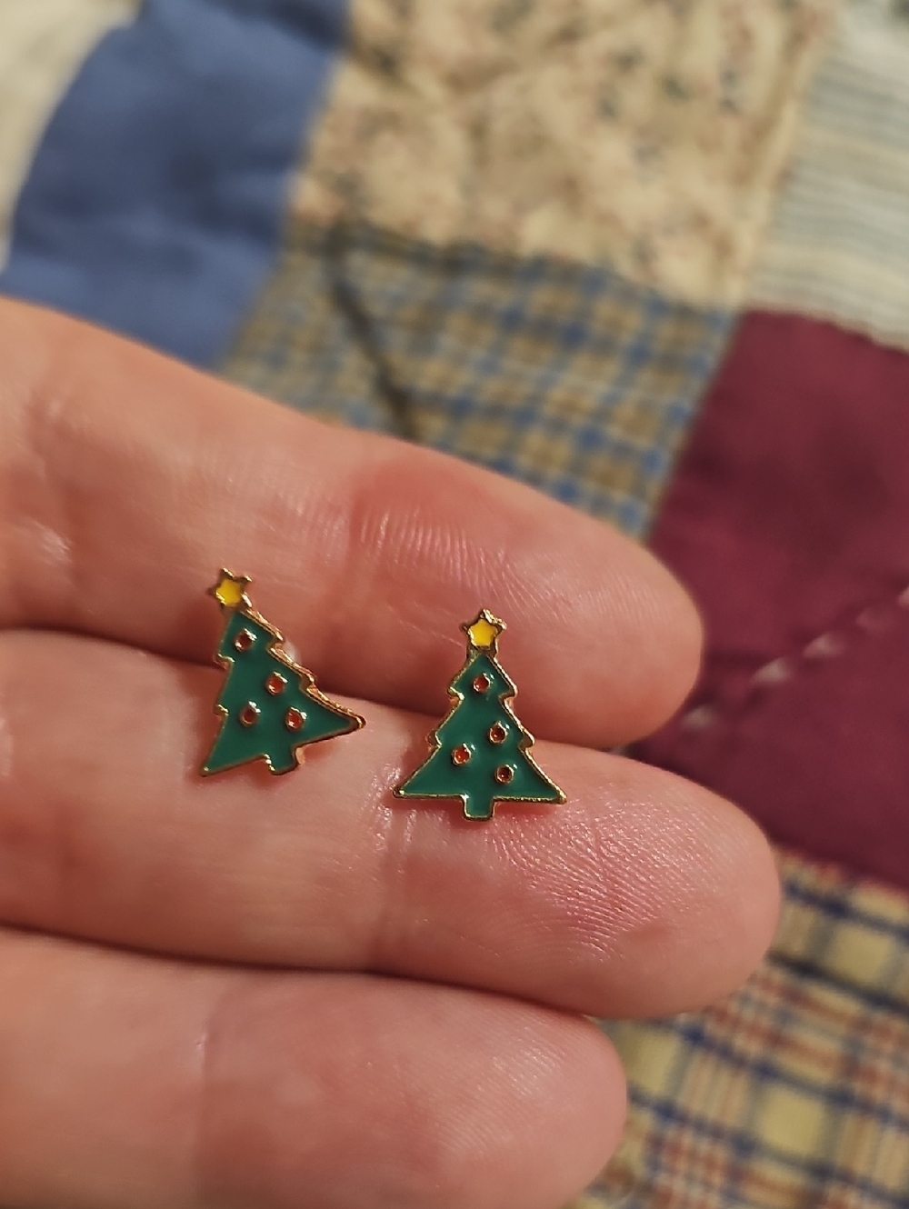 Green Christmas Tree Stud Earrings with Gold Accents